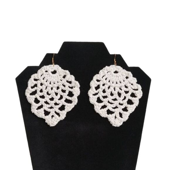 Handmade Ivory White Pineapple Stitch Large Oversized Cotton Crochet Earrings - Picture 1 of 11